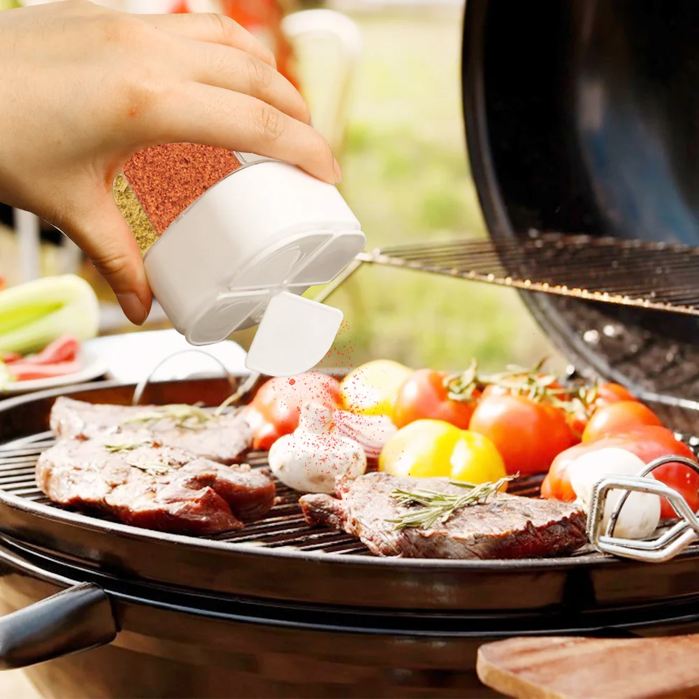 Coctelera de condimentos para acampada 4 en 1, tarro de especias multiusos con tapa, 4 compartimentos para barbacoa al aire libre, caja de almacenamiento de sal y pimienta
