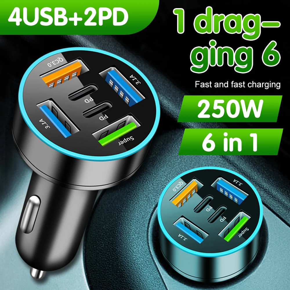 Cargador de coche de 250W y 5 puertos, adaptador de cargador de teléfono para coche PD QC3.0 USB C con voltaje para iPhone, Samsung, Huawei y Xiaomi