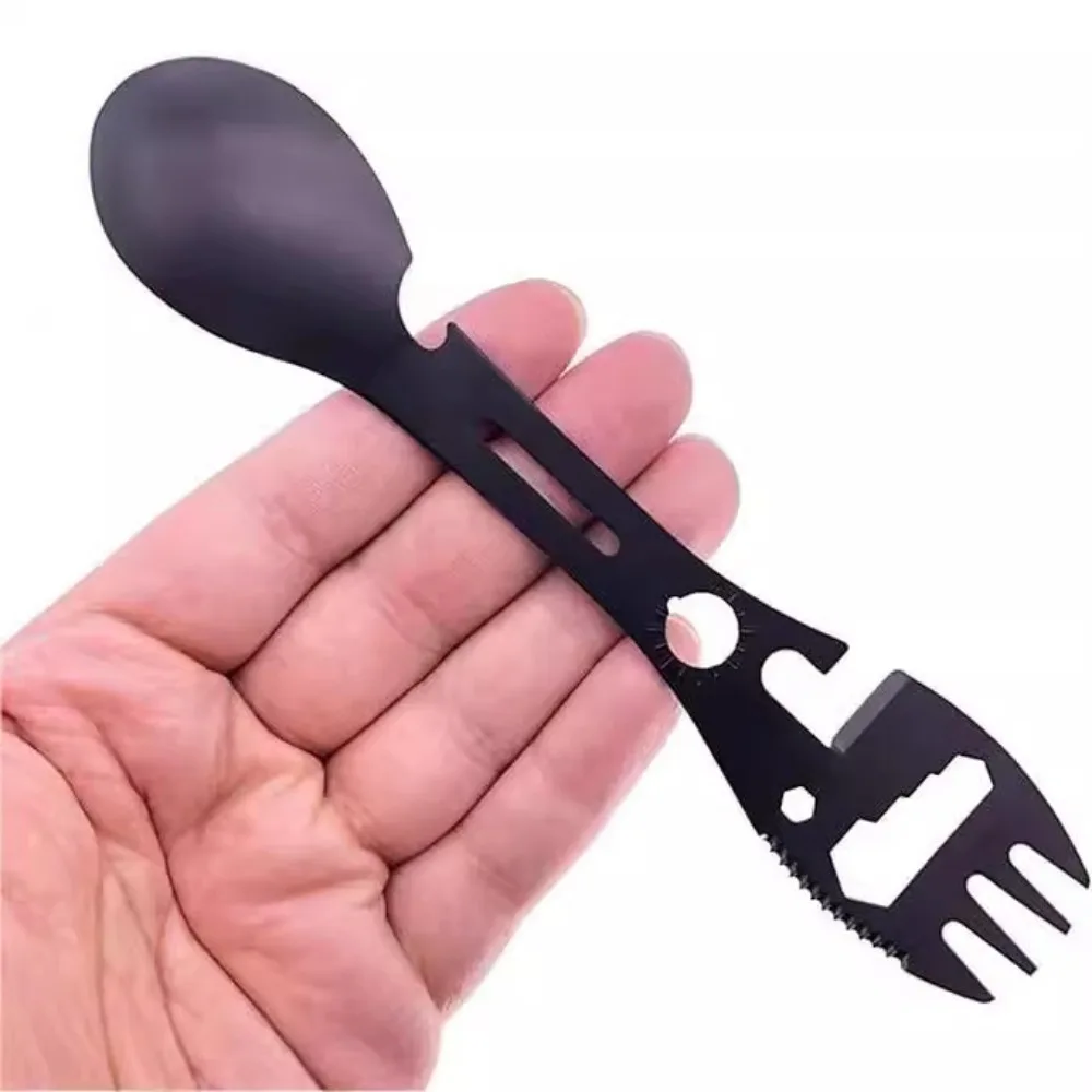 Set di utensili da campeggio Attrezzatura di sopravvivenza per esterni in acciaio inossidabile Stoviglie 5 in 1 Viaggi Escursionismo Posate Forchetta Cucchiaio Apri