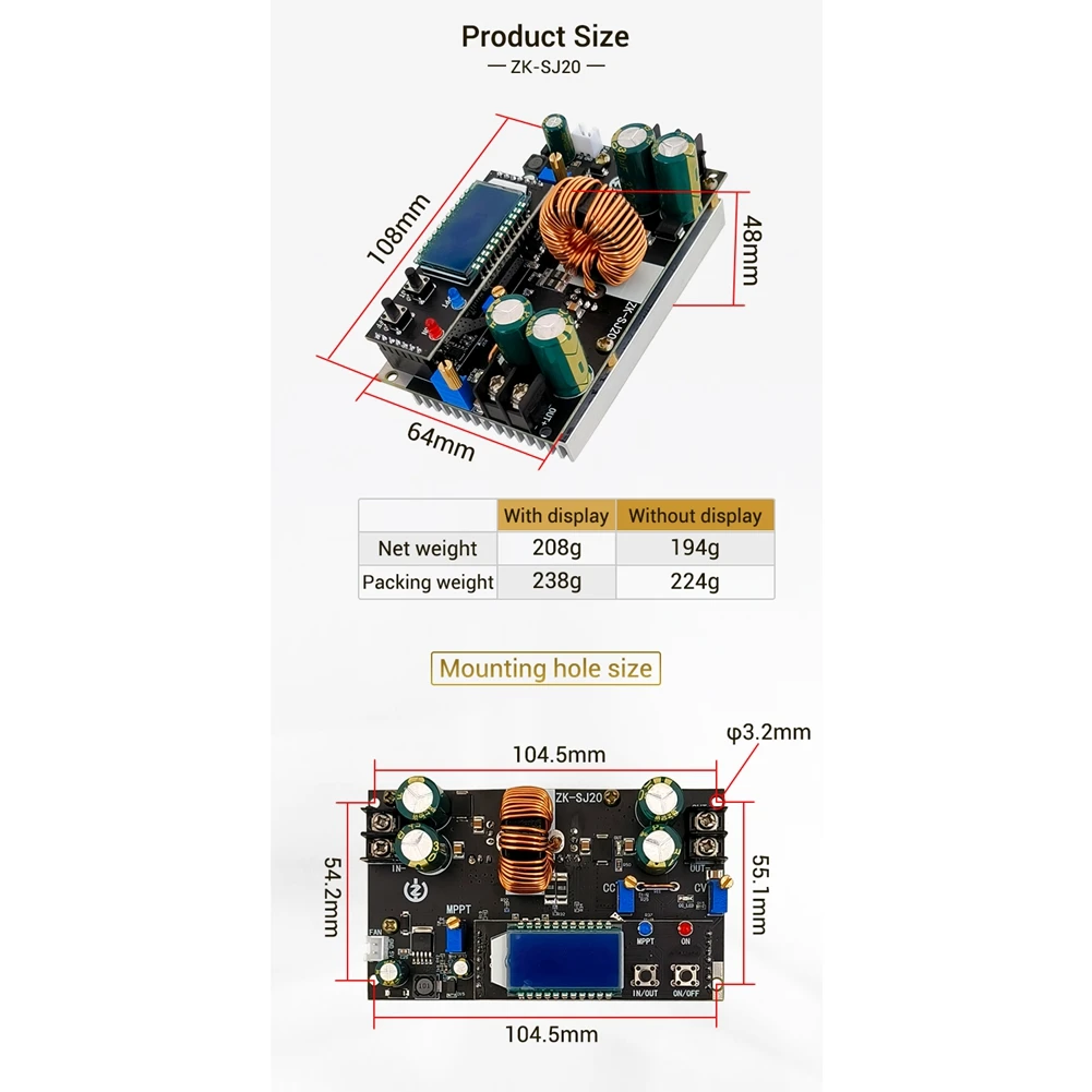 Automático Step Up Down Module, MPPT com display LCD, ZK-SJ20