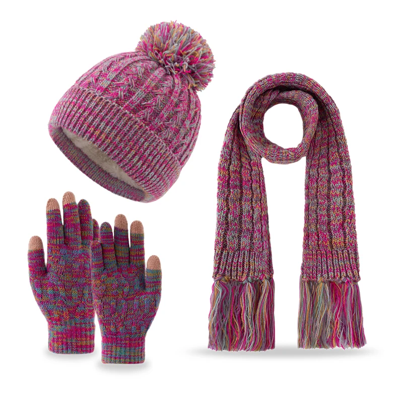 3 peças 3-13 anos chapéu arco-íris de bola única infantil, cachecol com franjas, conjunto de luvas, chapéu de inverno de malha com lã, bolas duplas fofas, corte