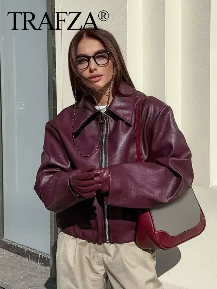 TRAFZA wino czerwone Faux Leather Jakcet modna odzież wierzchnia zagęścić zamek błyskawiczny z klapami Pu płaszcze jesienno-zimowa odzież uliczna damskie topy damskie