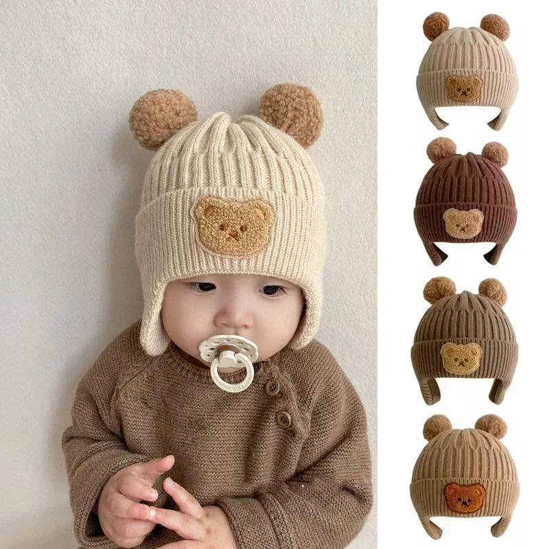Chapéu de lã do bebê bonito urso proteção de orelha chapéu crianças inverno engrossado quente malha versão coreana do chapéu do bebê