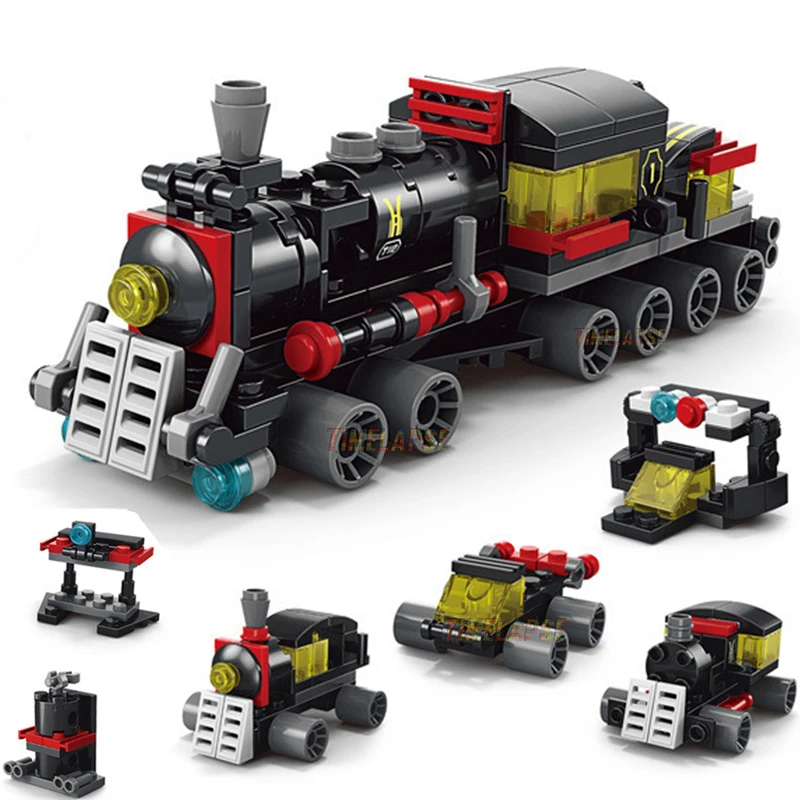 Diy 6 em 1 trem pista robô veículo caminhão blocos de construção kit meninas tijolos filme modelo crianças haste educacional aniversário meninos brinquedos