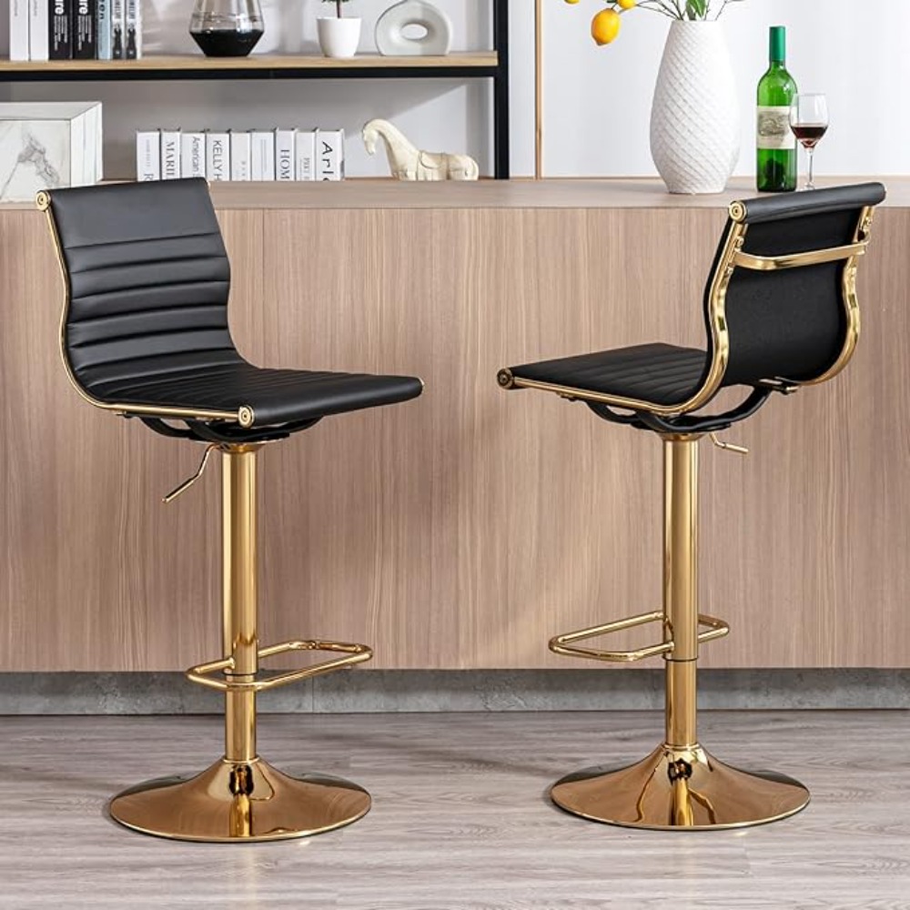 Set of 2 Metal Bar Stools Chairs, Modern Black PU Leather Armless Counter Stool with Golden Base, Height Adjustable Barstools