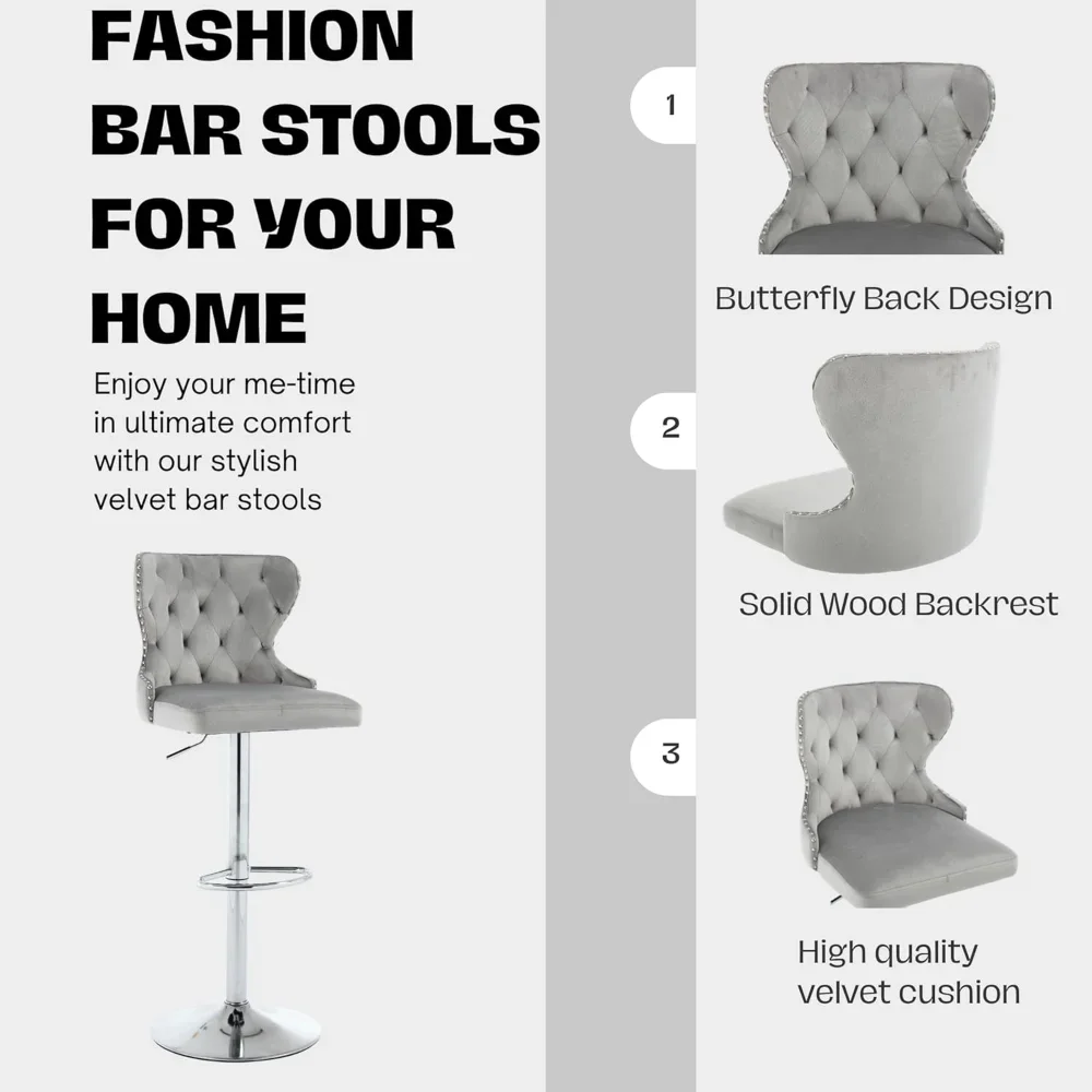 Set of 2 Adjustable Swivel Bar Stools,Velvet Upholstered Counter Height Chairs with Nailhead Trim, Silver Footrest