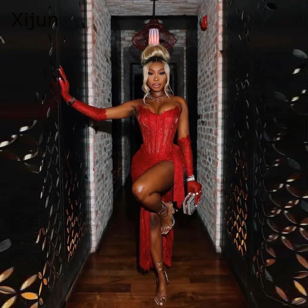 Xijun-Robe de Soirée Sexy en Dentelle pour Femme, Tenue de Bal Rouge, Noire, Fente Haute, pour ixd'Anniversaire, Célébrité, Luxe, 2024