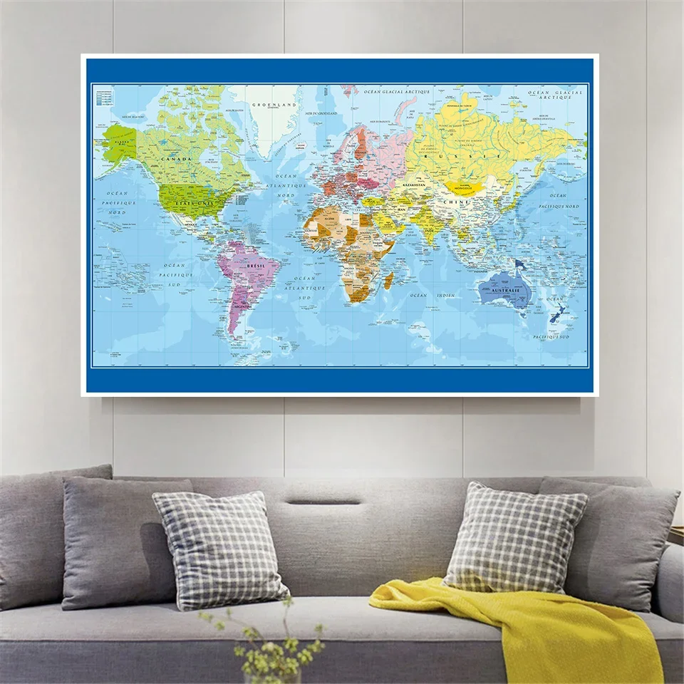 Mapa del mundo en idioma francés, póster de pared, pintura de vinilo no tejido, suministros escolares de oficina, decoración del hogar, 120x80cm