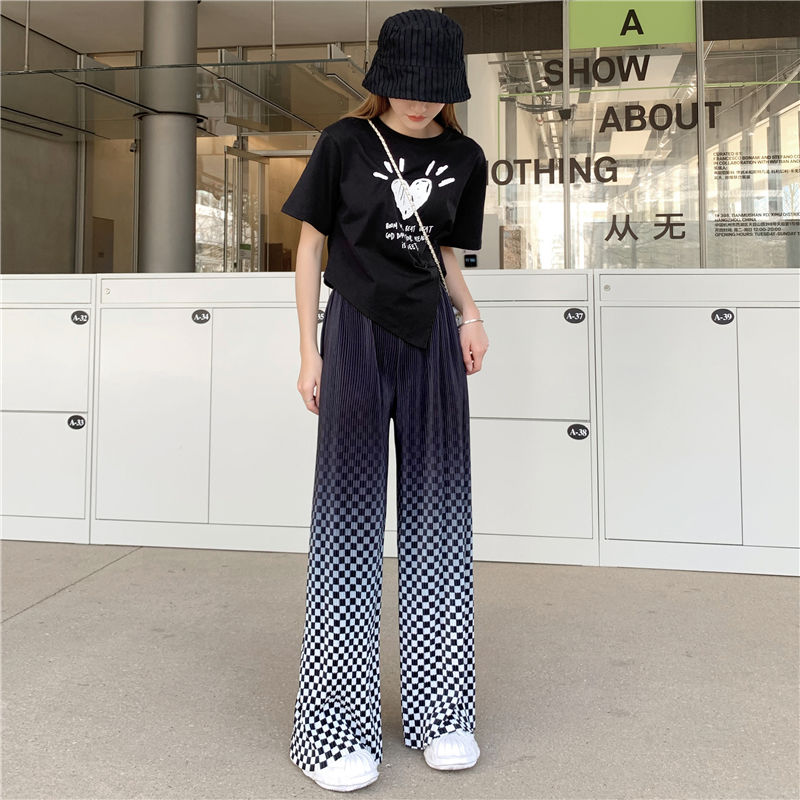 Frauen Mode Gradienten Plaid Print Lose Gerade Breite Bein Hosen Casual Sommer Oversize Komfortable Trend Hip Hop Kleidung