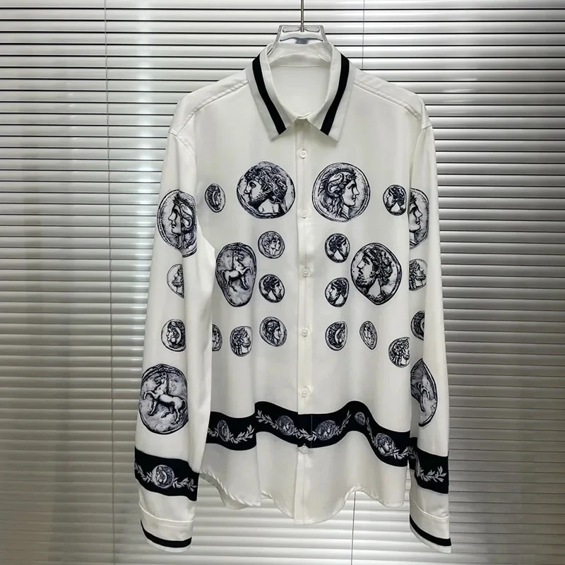 Men's shirt Vintage Character print 2025 Spring / Autumn Loose Version Classic Long-sleeved Lapel Fashion and leisure Top S-5XL