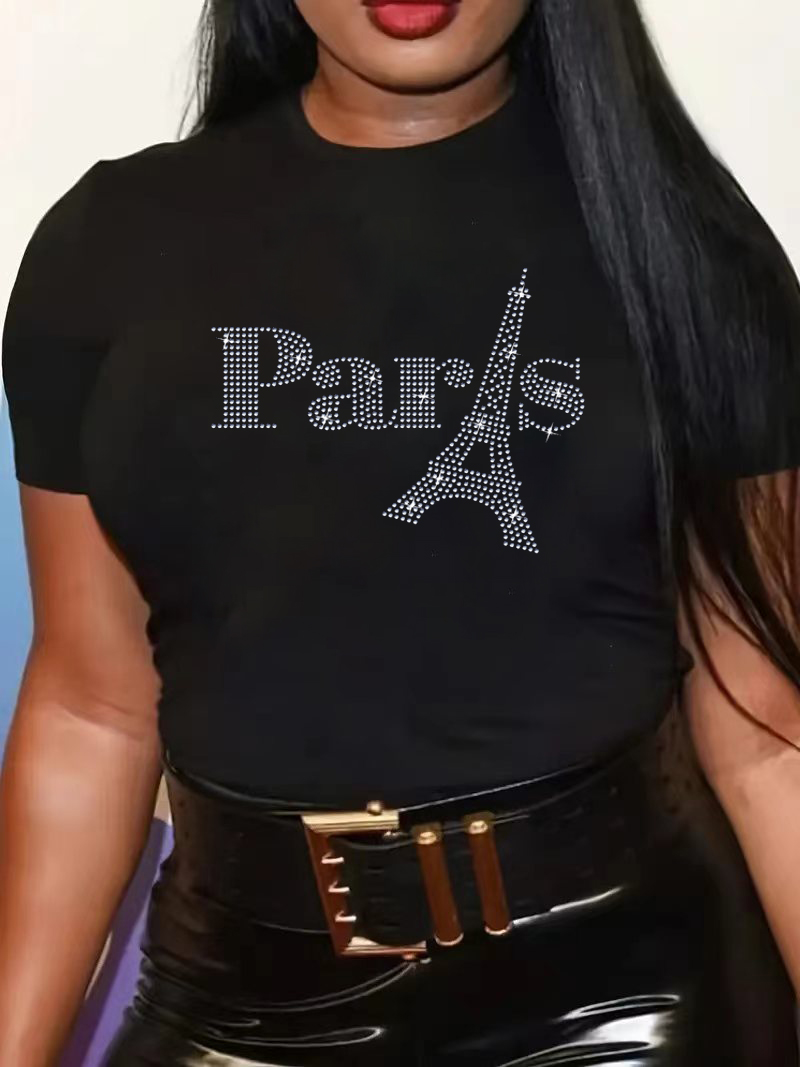 L-5XL プラスサイズの女性 Tシャツスパンコール半袖ラウンドネックルーズ夏トップスファッション黒オーバーサイズレディ Tシャツ 2024