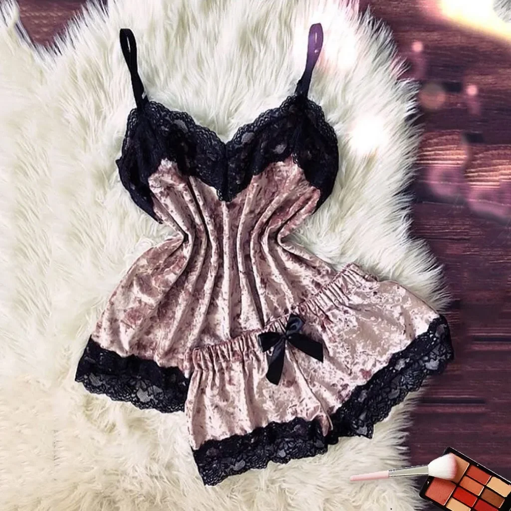 Outono inverno conjunto de pijamas de veludo lingerie sexy feminina pijamas bonito cami topo e shorts conjuntos de pijamas loungewear