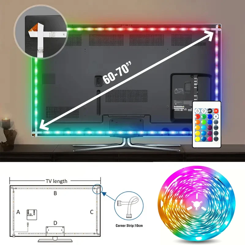 LED strip for TV back, with infrared remote control RGB lamp, suitable for bedroom, home, game room, party and wall decoration