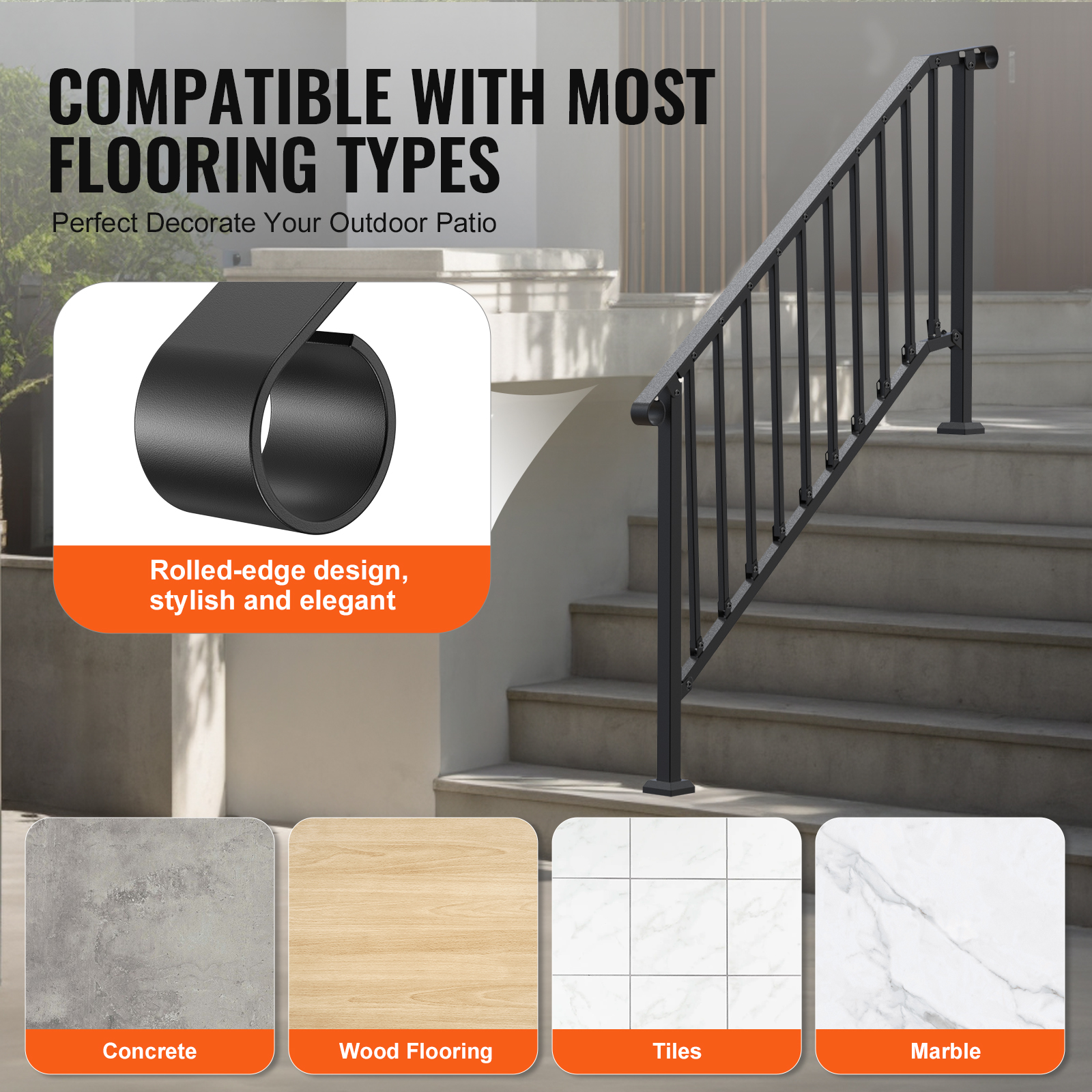 SucceBuy Handrails for Outdoor Steps 5 Step Stair Hand Rail Kit for Seniors Concrete Steps & Porch & Deck Black Retro Arch