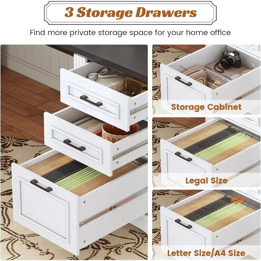 69" Executive L Shaped Desk, Home Office Desk with Drawers and Storage Cabinet & Power Outlet, Corner Computer Desk