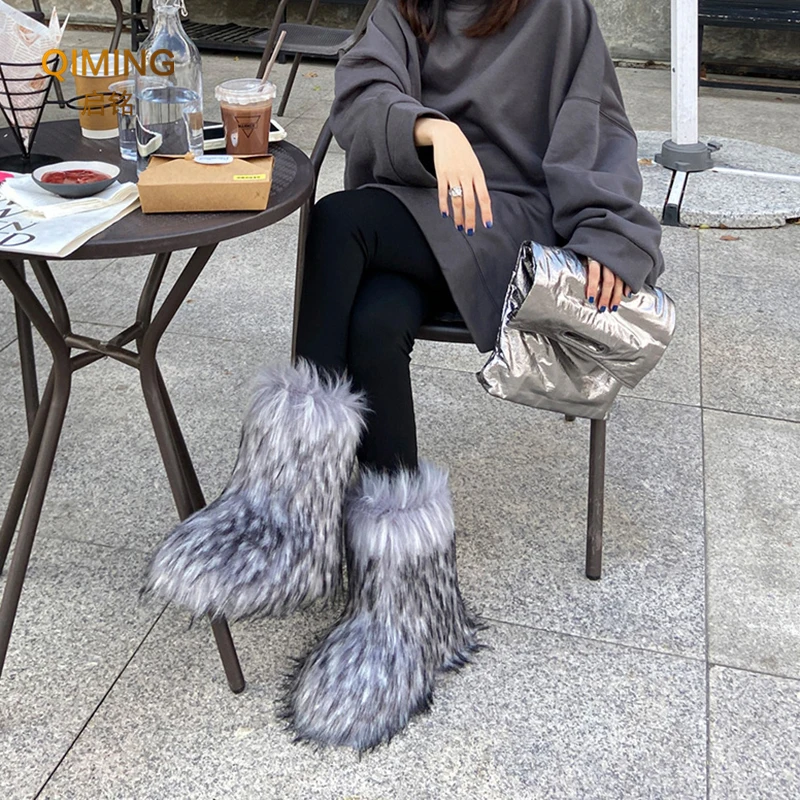 Botas de piel sintética para mujer, botas de nieve cálidas y esponjosas de felpa a media pantorrilla, botas peludas de moda de lujo, zapatos planos cómodos para exteriores