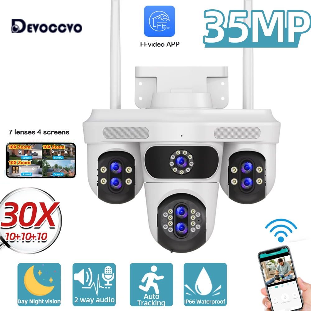 Cámara IP PTZ de 7 lentes y 4 pantallas, cámara de seguridad inalámbrica WiFi 4K para exteriores de 35MP, Zoom 10X, seguimiento automático, cámara de vídeo CCTV resistente al agua