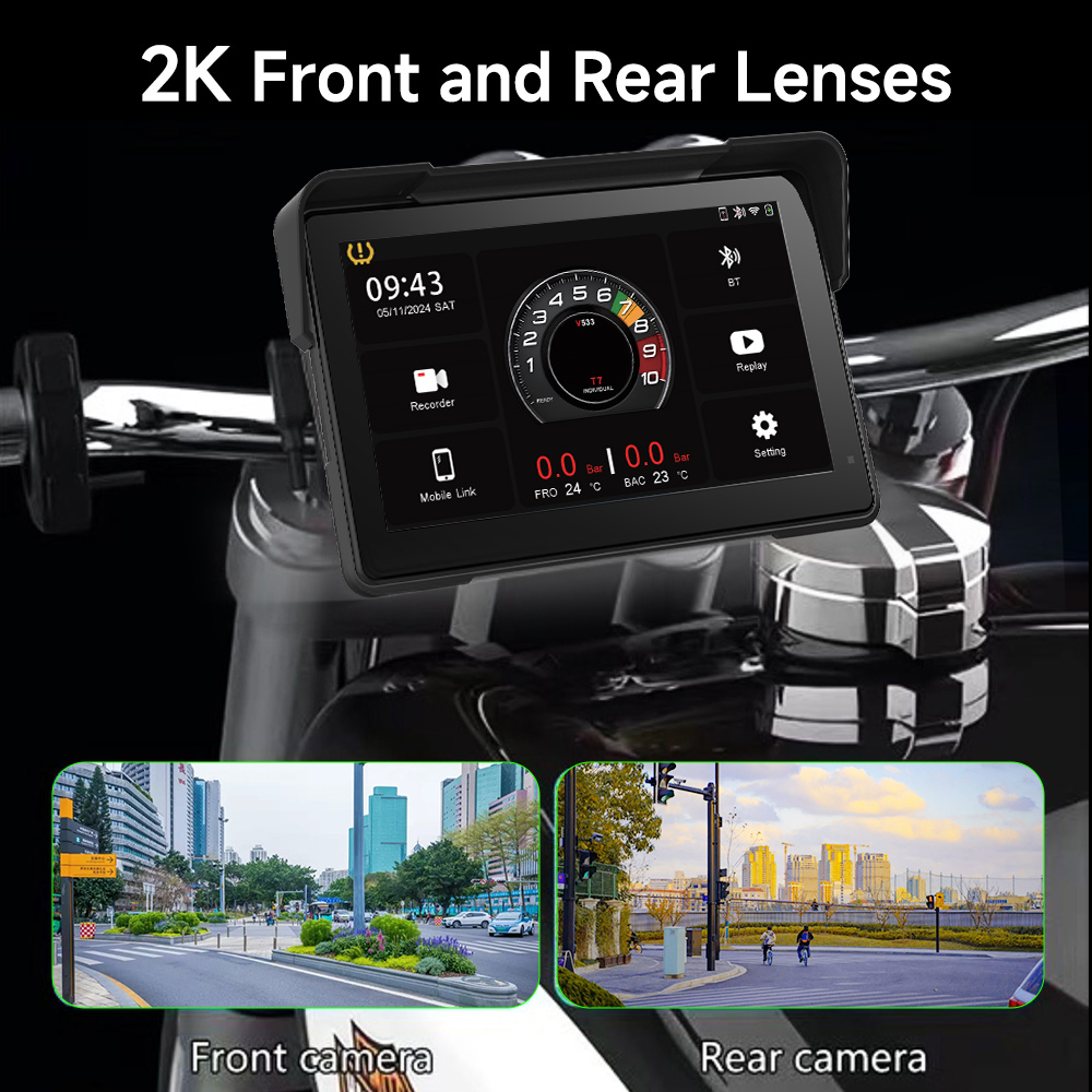 7'' Motorcycle DVR GPS navigator Dash Cam Wireless Carplay Android Auto IPX8 Waterproof Moto Front Rear Camera Bluetooth inch