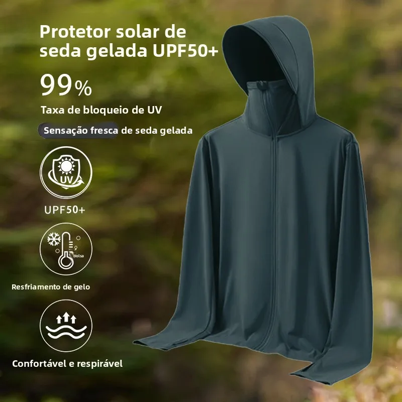 Roupa de Proteção Solar UPF50+ em Seda Gelada com Sensação Refrescante, Jaqueta Leve e Respirável para Pesca, Csa para Esp...