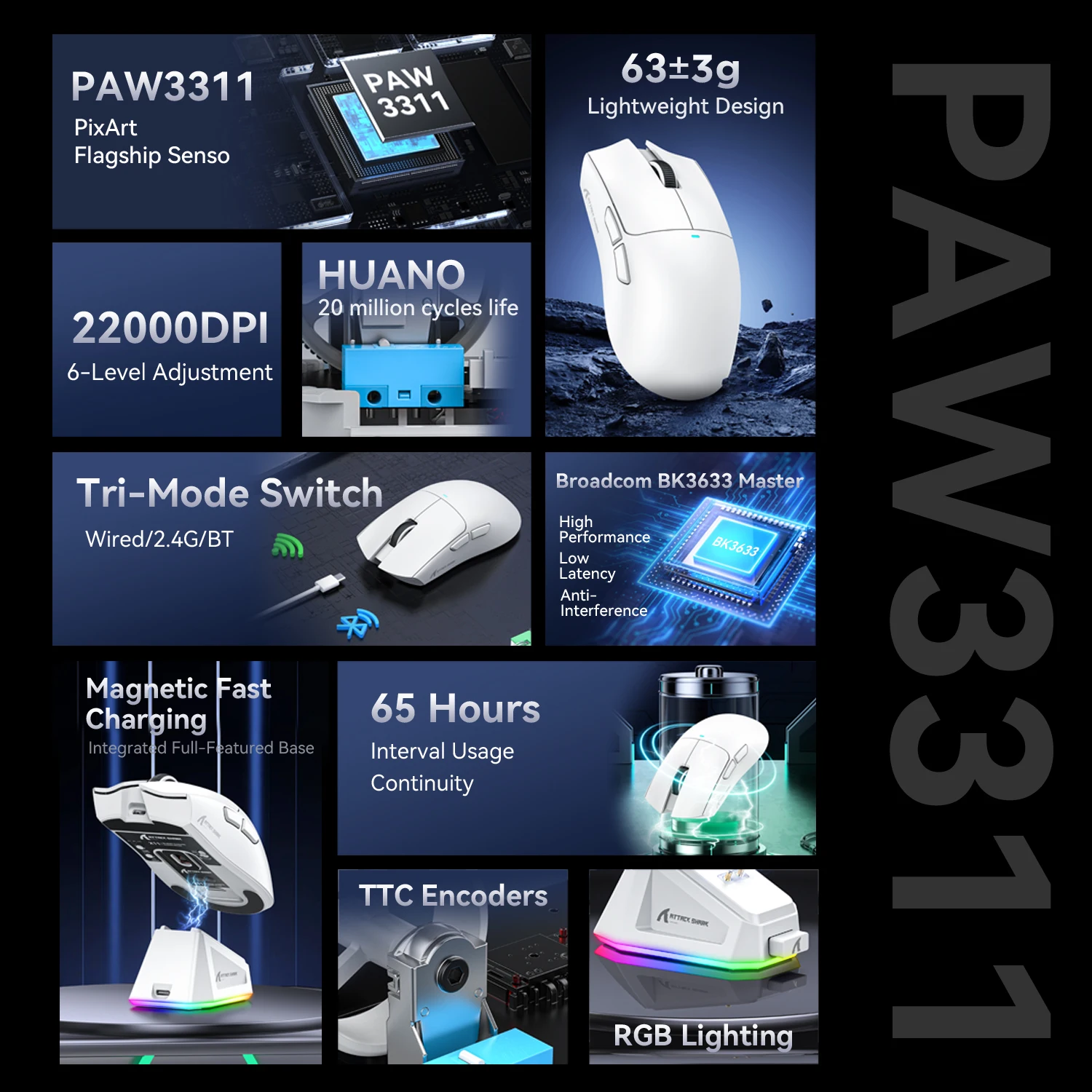 Attack Shark X11 Bluetooth Wireless Mouse Three Mode 2.4G PAW3311  RGB  PC Magnetic charging dock ,Gaming E-sports Mouse