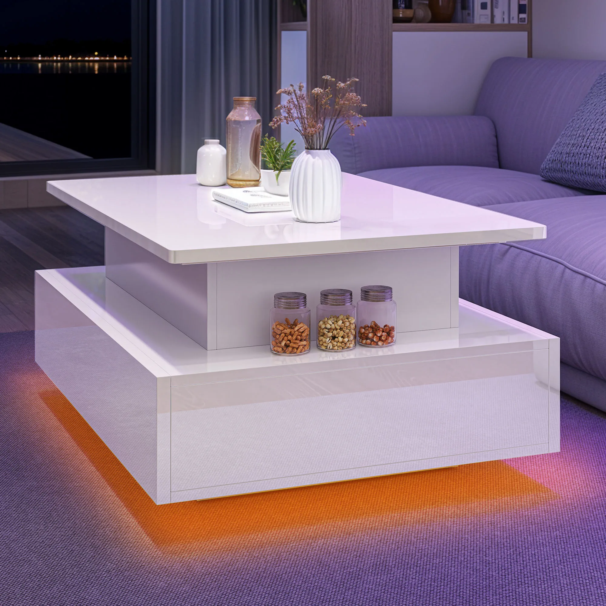 Balconera Lift-Top-Couchtisch – modern, rechteckig, mit 16 Farb-LEDs und 2 Schubladen, erhöhte Oberfläche mit Beleuchtung