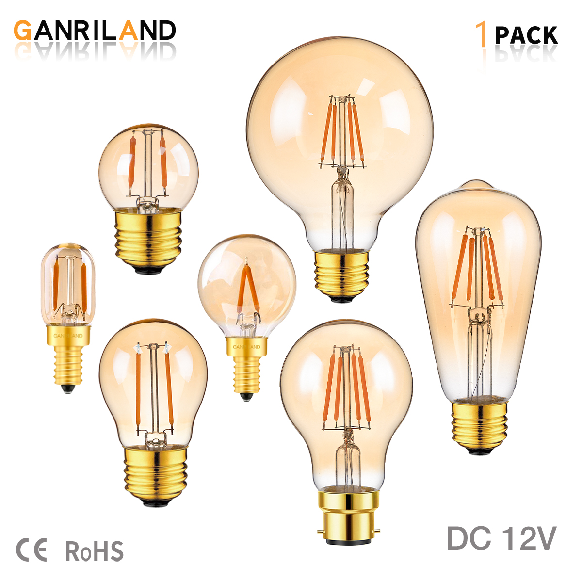 GANRILAND Vintage Niederspannungen DC 12V LED-Lampen Bernstein Glas Weich Warm 2200K E14 E27 B22 Sockel Marine RV Solar Camping Glühbirne