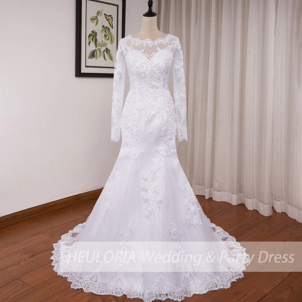 ชุดเดรสเมอร์เมดแขนยาว O คอชุดแต่งงานสีขาวลูกไม้ Applique Beading ชุดเจ้าสาว Robe De Mariage ปรับแต่ง