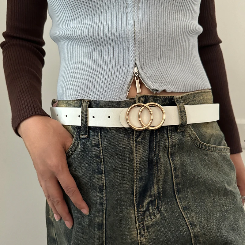 Moda feminina cinto de luxo dupla fivela redonda cinto simples e versátil cinto do plutônio para mulher com jeans terno para negócios diários