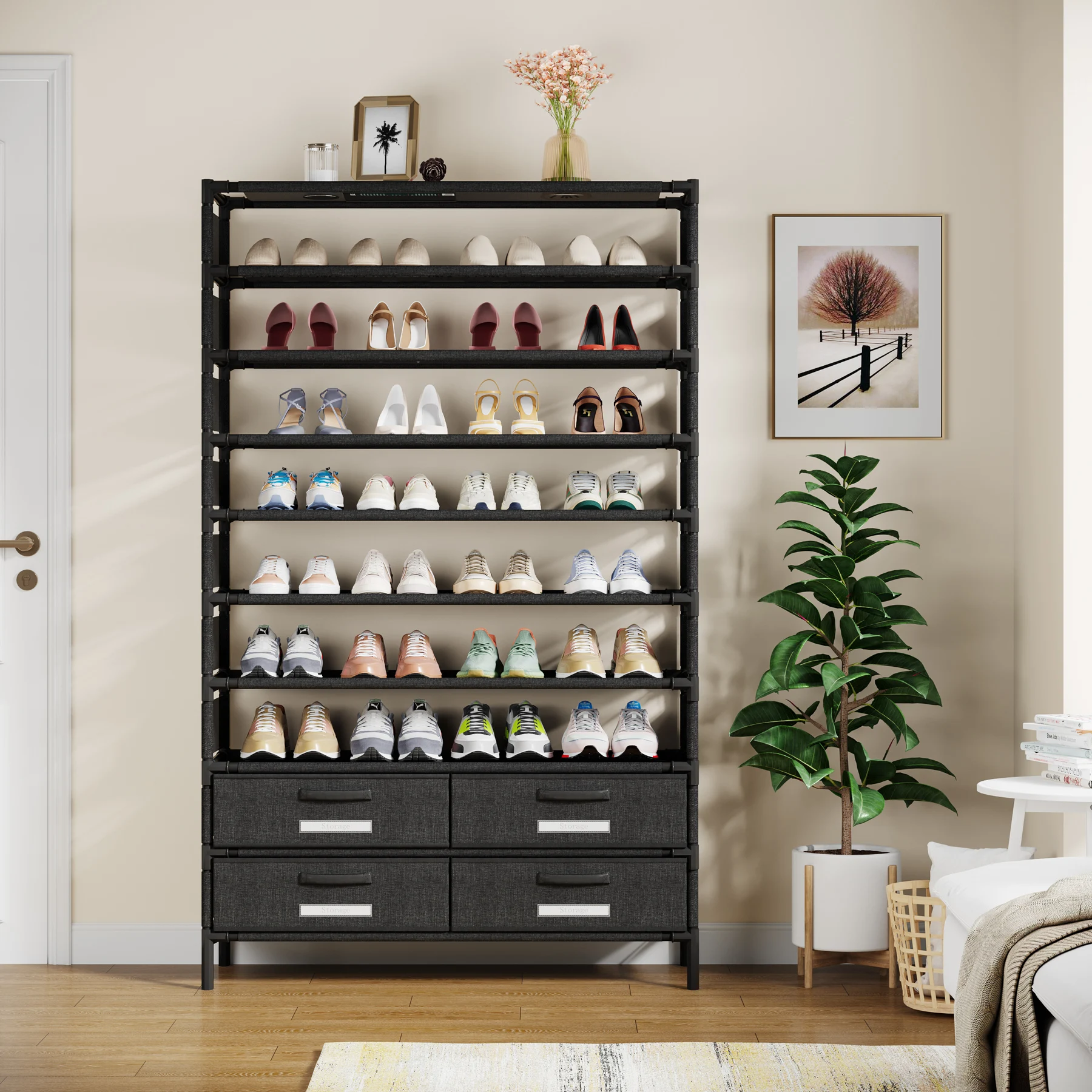 Tribesigns 10 Tier Shoe Rack Organizer with 4 Bins Drawers for Closet Entryway, 32 Pairs Vertical Shoe Racks Tall Shoe Shelf