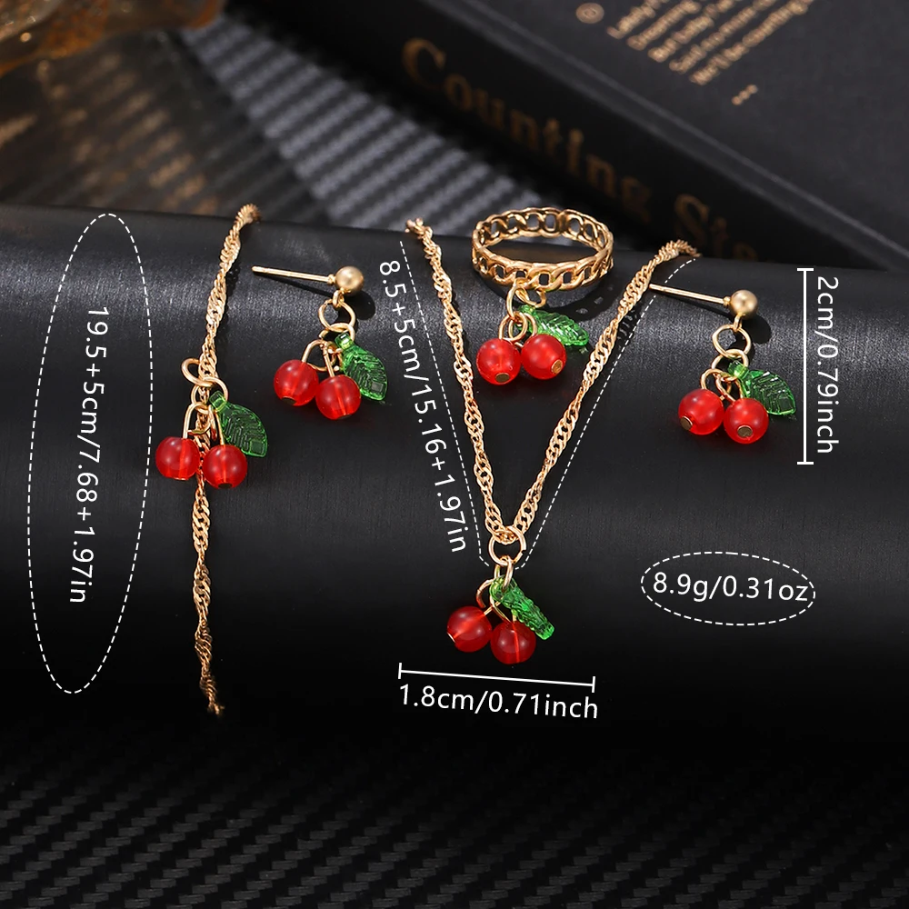 6 pçs/set relógio feminino vermelho com elementos minimalistas dial relógio de quartzo pulseira de látex elementos cereja conjunto de jóias presente da menina