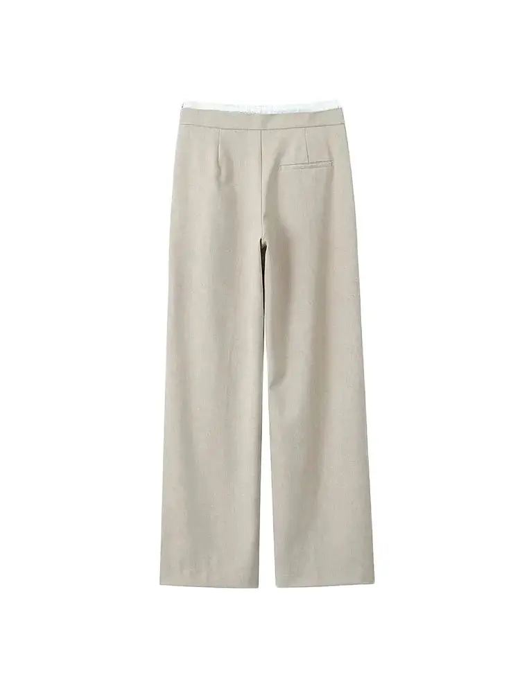 Calças femininas de cintura dupla com pernas largas, cintura alta elástica com cordão, bolsos laterais, calças femininas, moda chique