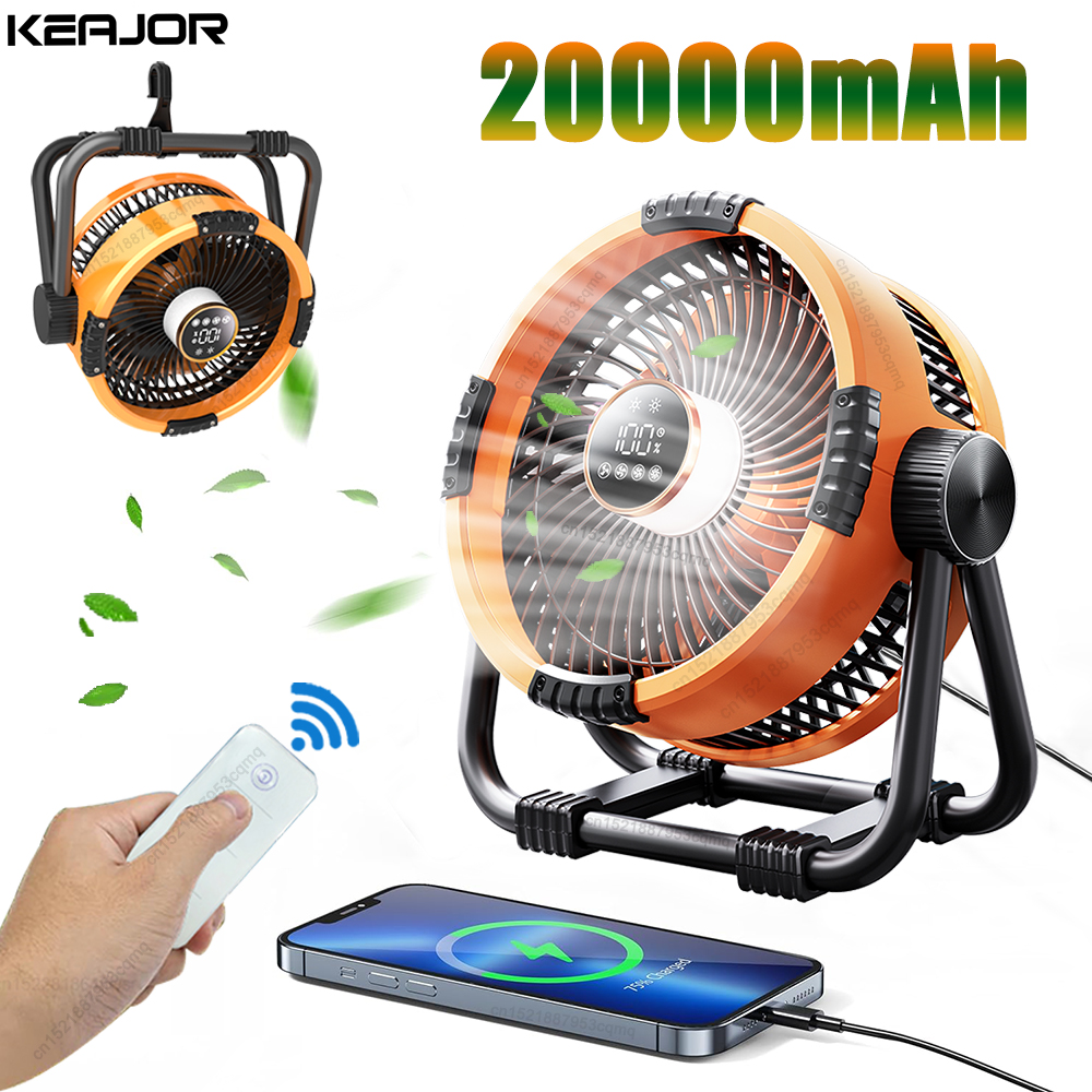 Tenda sem fio ventilador de teto com gancho e luz, recarregável, portátil, Outdoor Camping Fan, circuladores de ar, 20000mAh