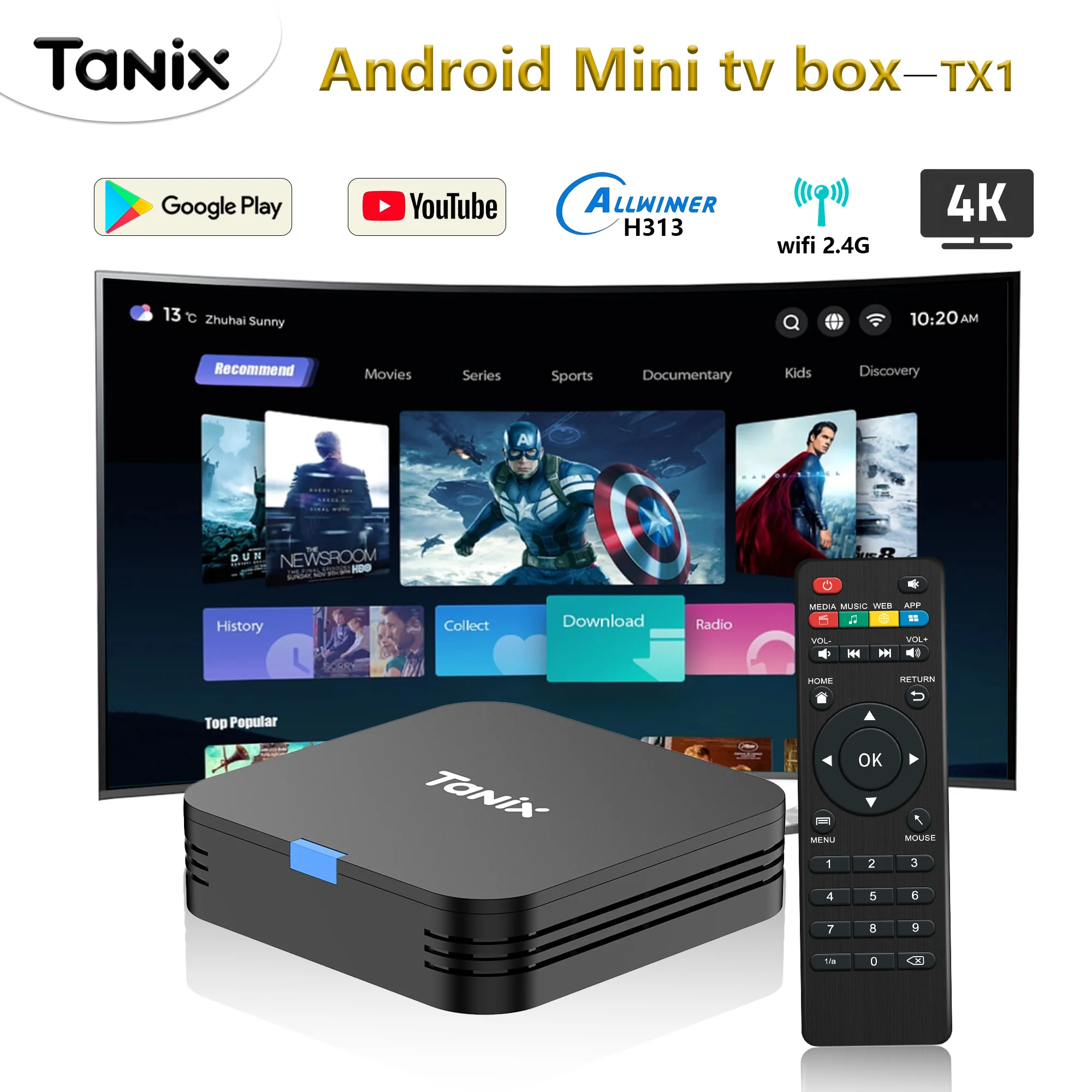 Popular caja de televisión Android tanix tx1 allwinner h313 4 núcleo android10 WiFi 2.4G 4k reproductor de streaming multilingüe decodificador