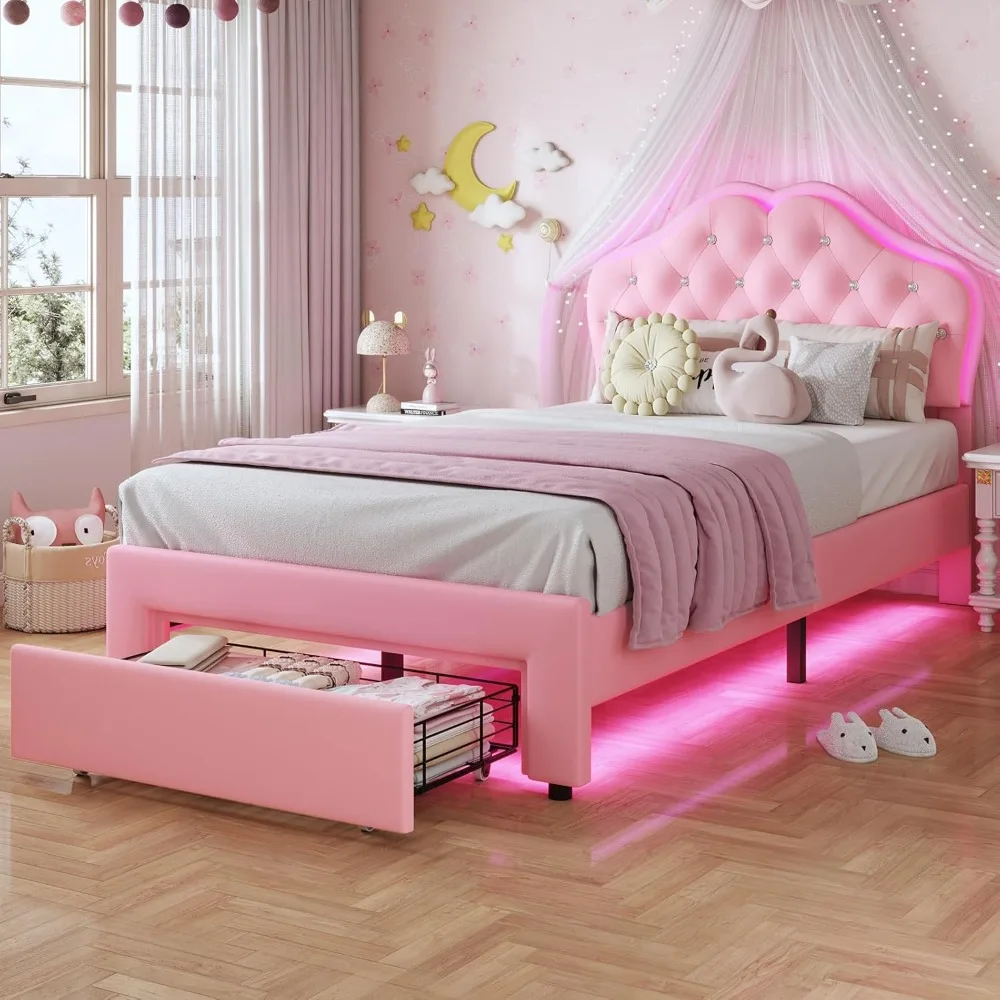 Twin Size Girl Bed with Storage Drawer & LED Lights, Upholstered Platform Bed, Adjustable Headboard with Velvet Crystal Button P