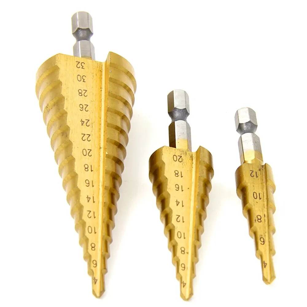 3pc pagode broca 4-12/4-20/4-32mm hexagonal sulco reto titânio chapeado escada broca ferramenta elétrica conjunto de acessórios