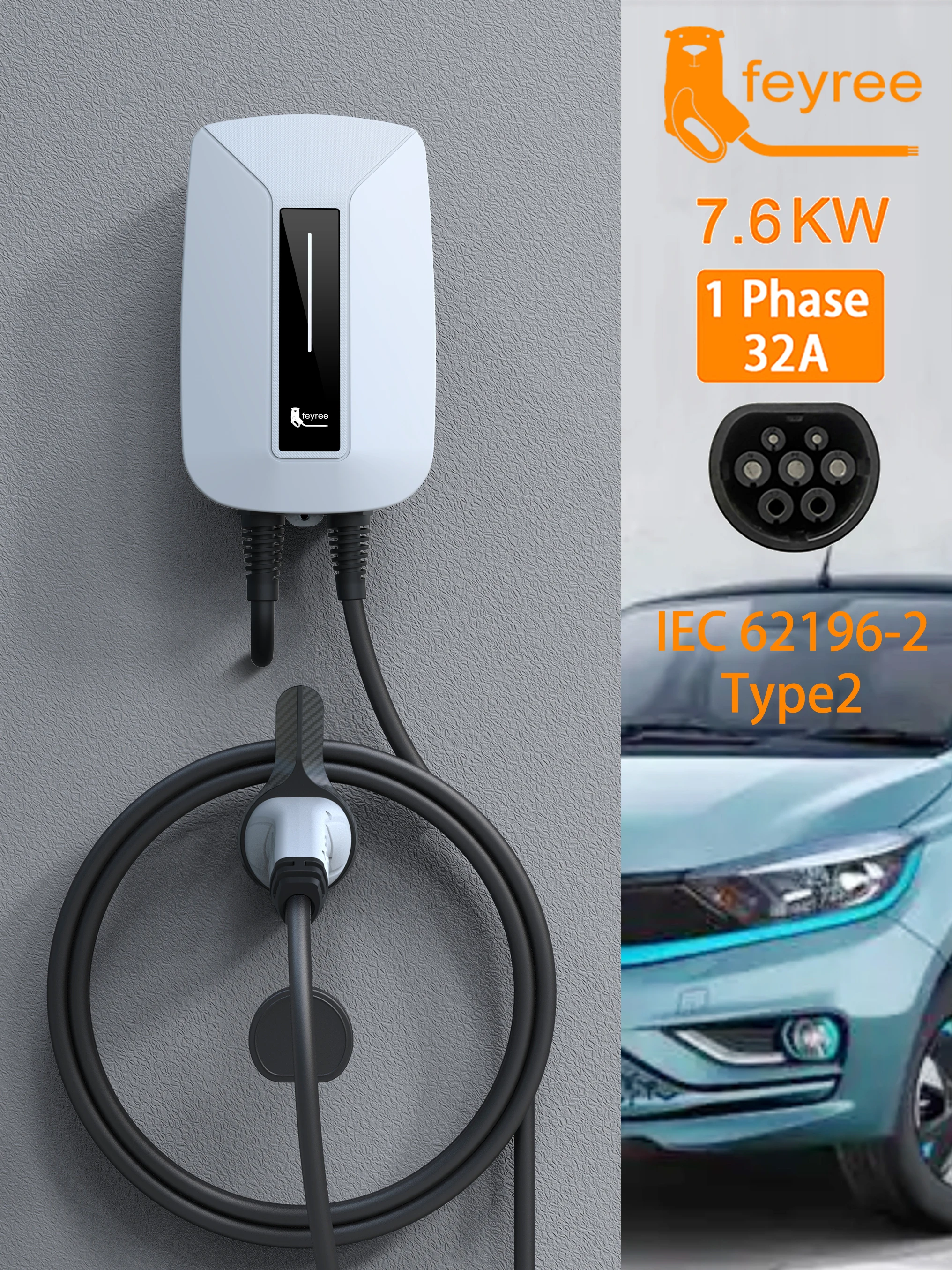 Feyree-cargador EV tipo 2, enchufe EVSE Wallbox 32A, 7KW, enchufe de IEC62196-2, Cable monofásico de 5m, estación de carga de montaje en pared para coche eléctrico