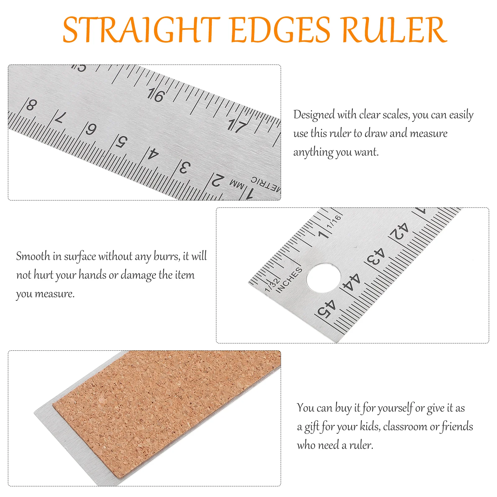 45Cm Stainless Steel Soft Cork Ruler Smooth Clear Scale Straight Edge Measuring Tool For Students Office School Drafting