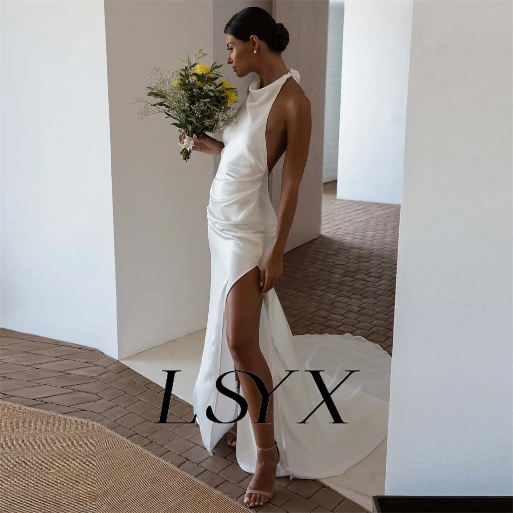 LSYX Aangepaste halter mouwloze eenvoudige zeemeermin trouwjurk satijn open rug hoge zijsplit vloerlengte bruidsjurk