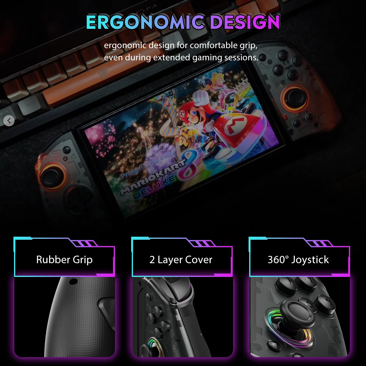 Joypad inalámbrico QRD Stellar T5 para Nentindo Switch/Lite/Oled efecto Hall Joystick 8 colores luz LED programable turbo y Macro