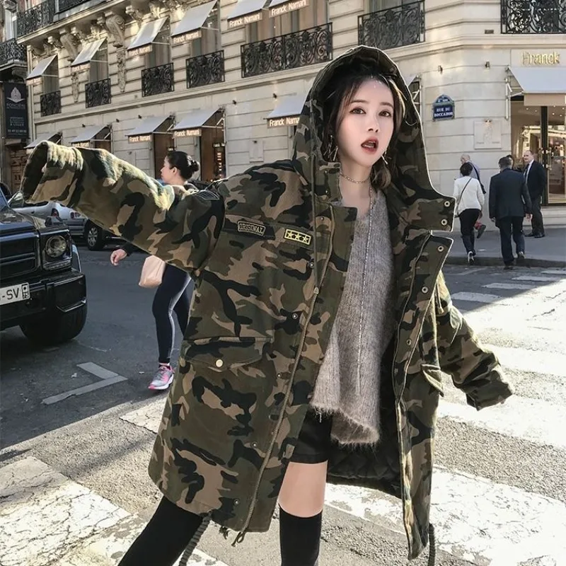 2023 inverno nova camuflagem algodão parkas para mulheres engrossado estilo longo moda versão coreana carga algodão acolchoado casaco roupas