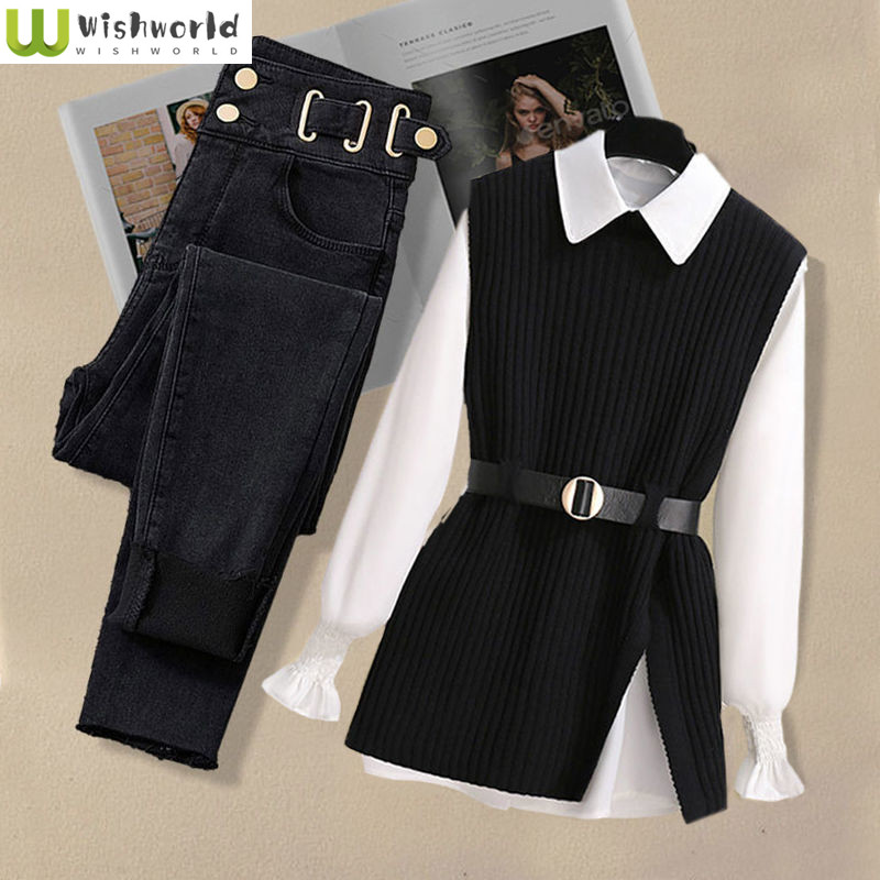 Traje grande de otoño e invierno para mujer, nueva moda coreana, chaleco tejido, camisa, pantalones vaqueros ajustados informales, conjunto de tres piezas 2024