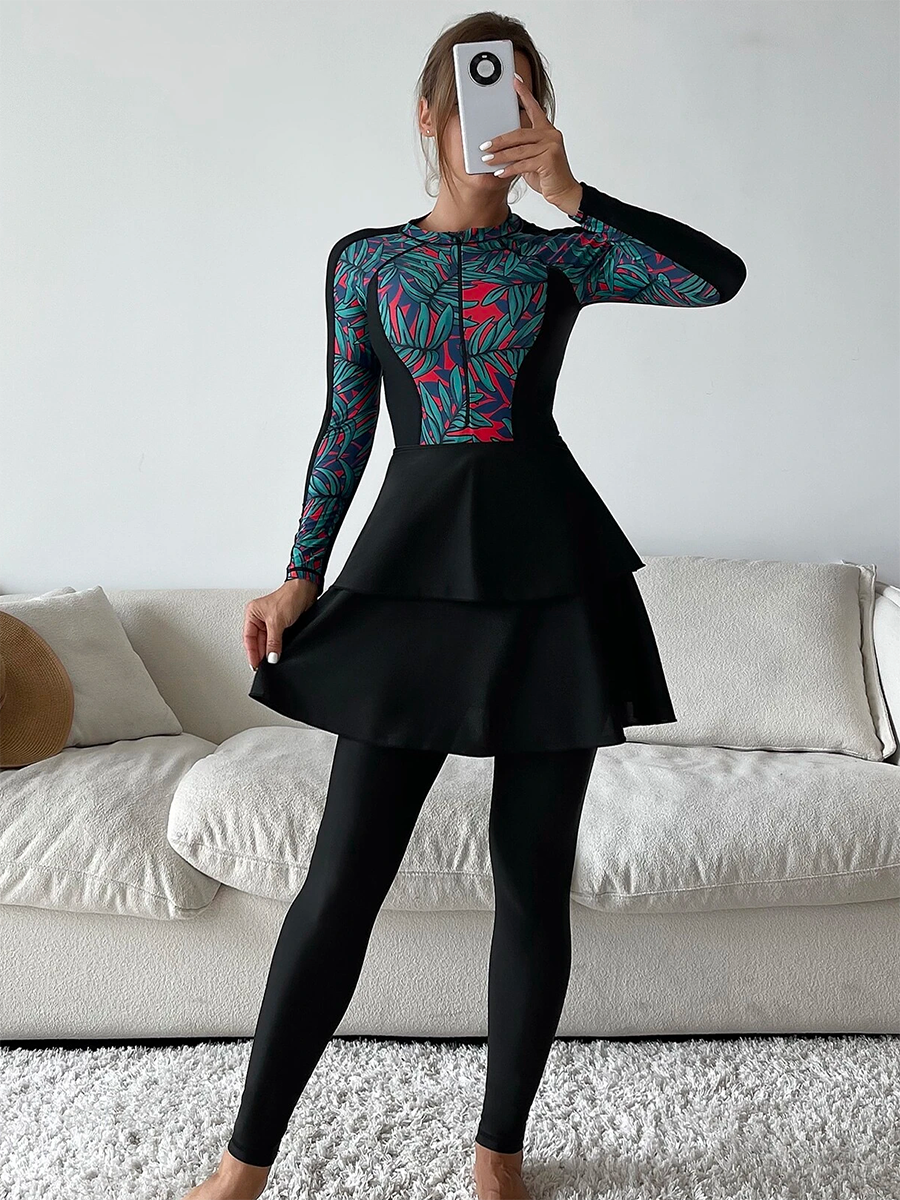 3 teile/satz islamische Burkini Femmes bescheidene Bade bekleidung Frauen Langarm muslimischen Badeanzug Hijab Hose Top Leopard