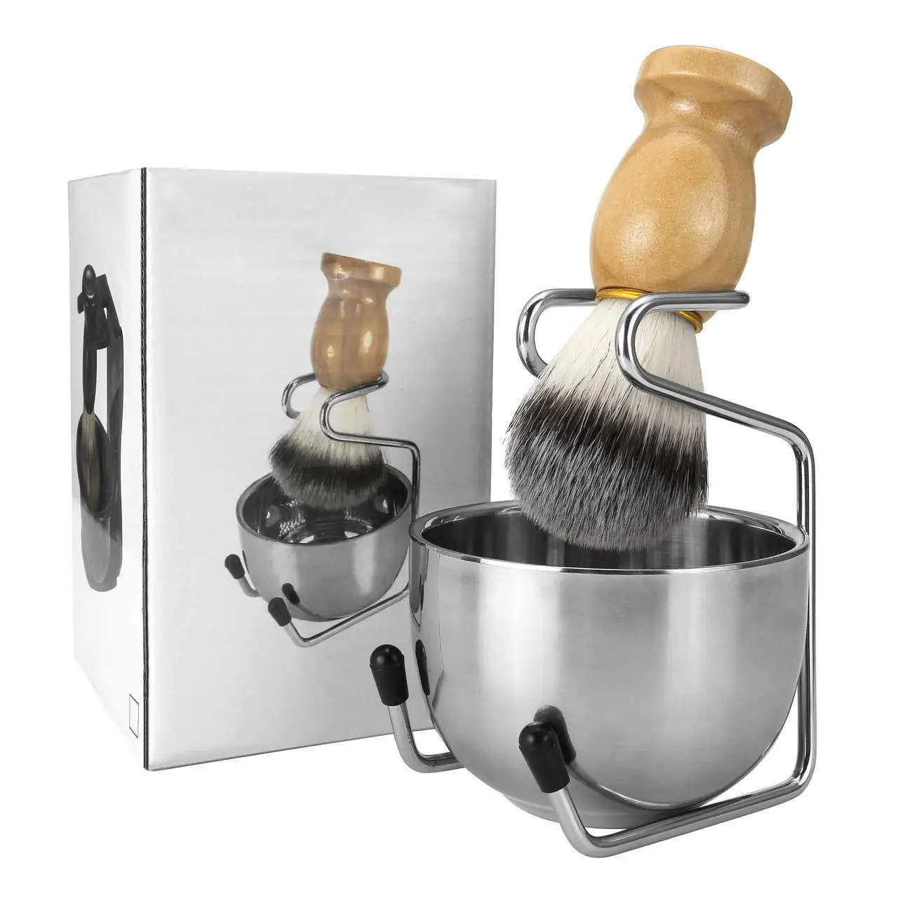 Set pennello da barba e ciotola da uomo, kit pennello da barba 3 in 1 manico in legno con ciotola da barba in acciaio inossidabile e supporto per pennelli