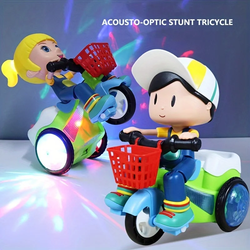 Motocicleta Luminous Stunt Tricycle Car para crianças, brinquedos do bebê, fácil de usar, presente de Natal para crianças, legal, rotação de 360 graus