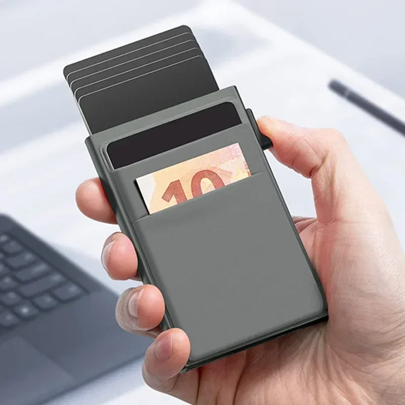 Rfid Anti bloqueo Smart ID tarjetero para tarjetas de crédito bancarias cartera de Metal delgada hombres mujeres Pop Up minimalista tarjetero de Metal