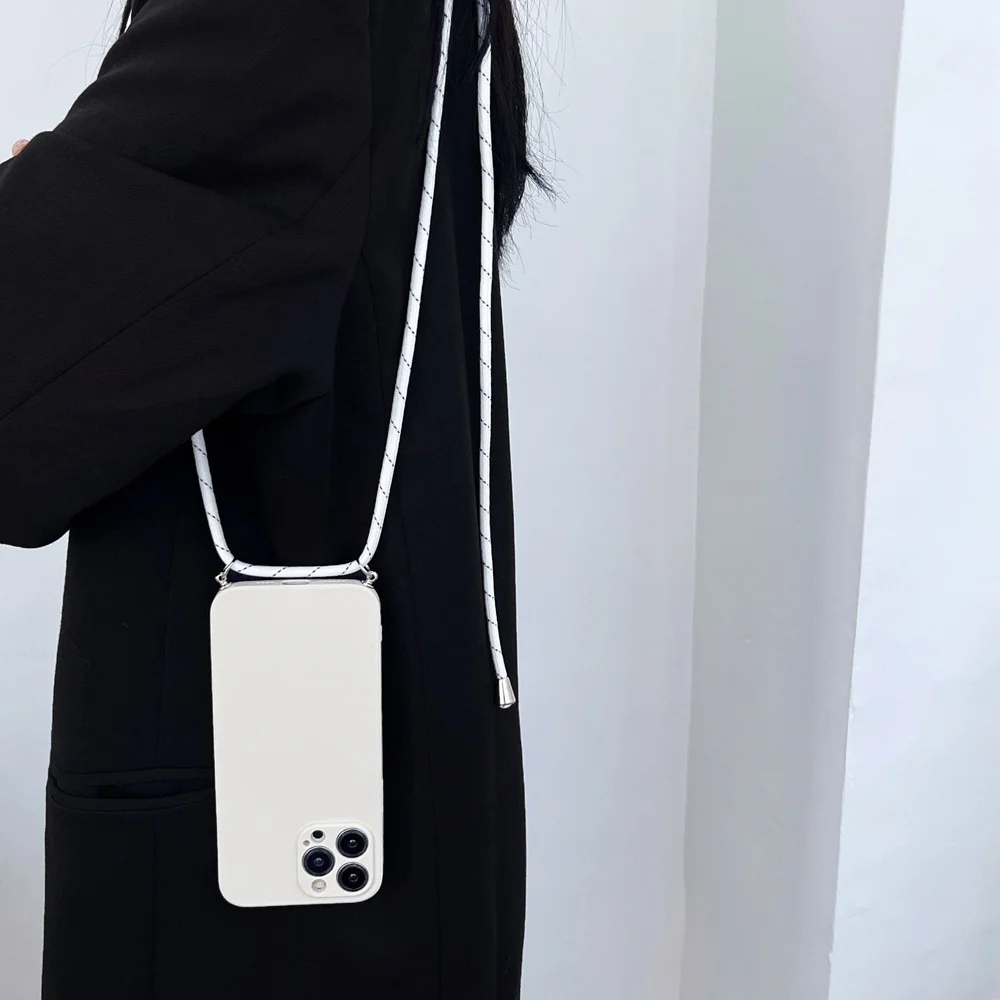 Funda de silicona con cordón cruzado Simple para iPhone, funda suave con correa para collar, 15, 11, 12, 13, 14 Pro Max, XR, X, XS, 7, 8 Plus