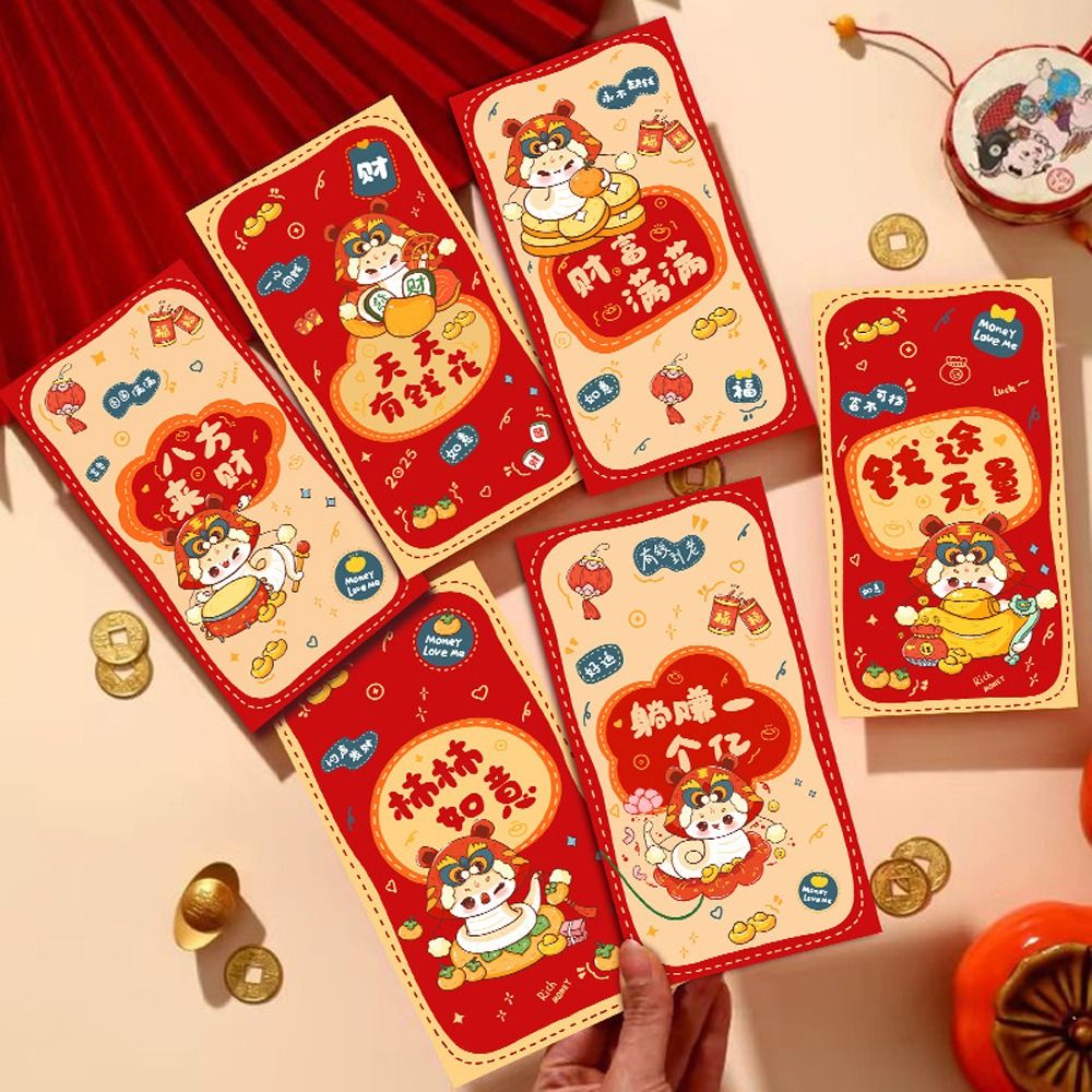 6 buah gaya Cina 2025 Tahun Ular amplop merah Hongbao berkat Tahun Baru saku uang tas kemasan hadiah tradisional