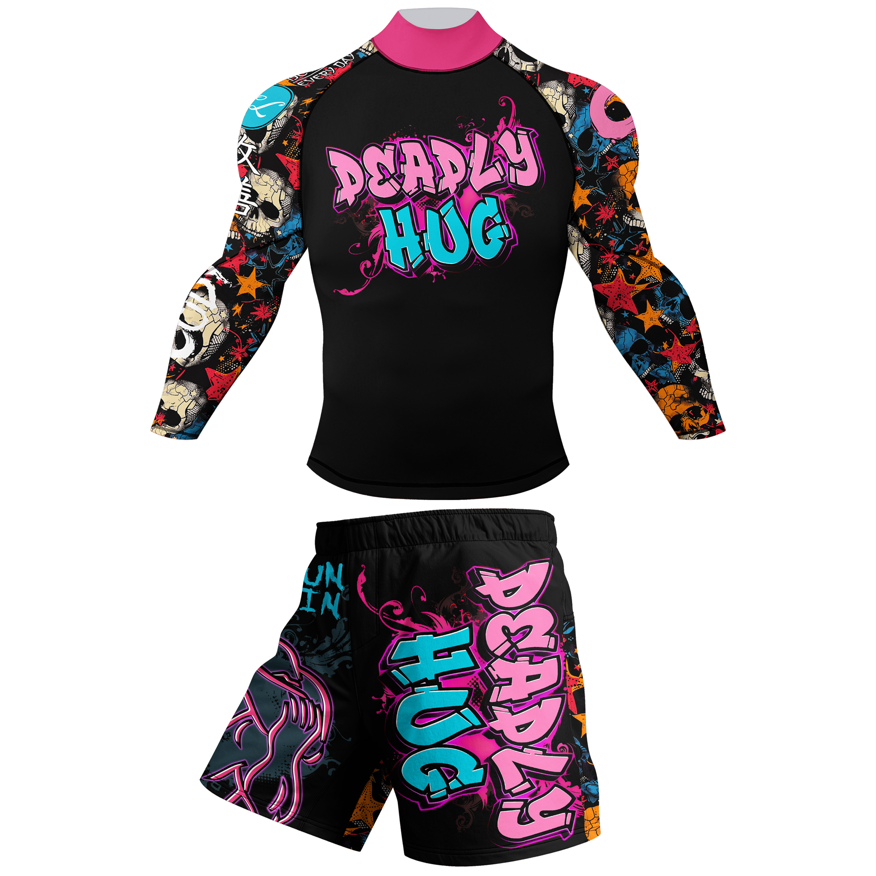 Cody Lundin nowe wzory dostosowane krótkie rękawy poliester rozciągliwe spodenki Rash Guards zestawy MMA BJJ z gumowym paskiem