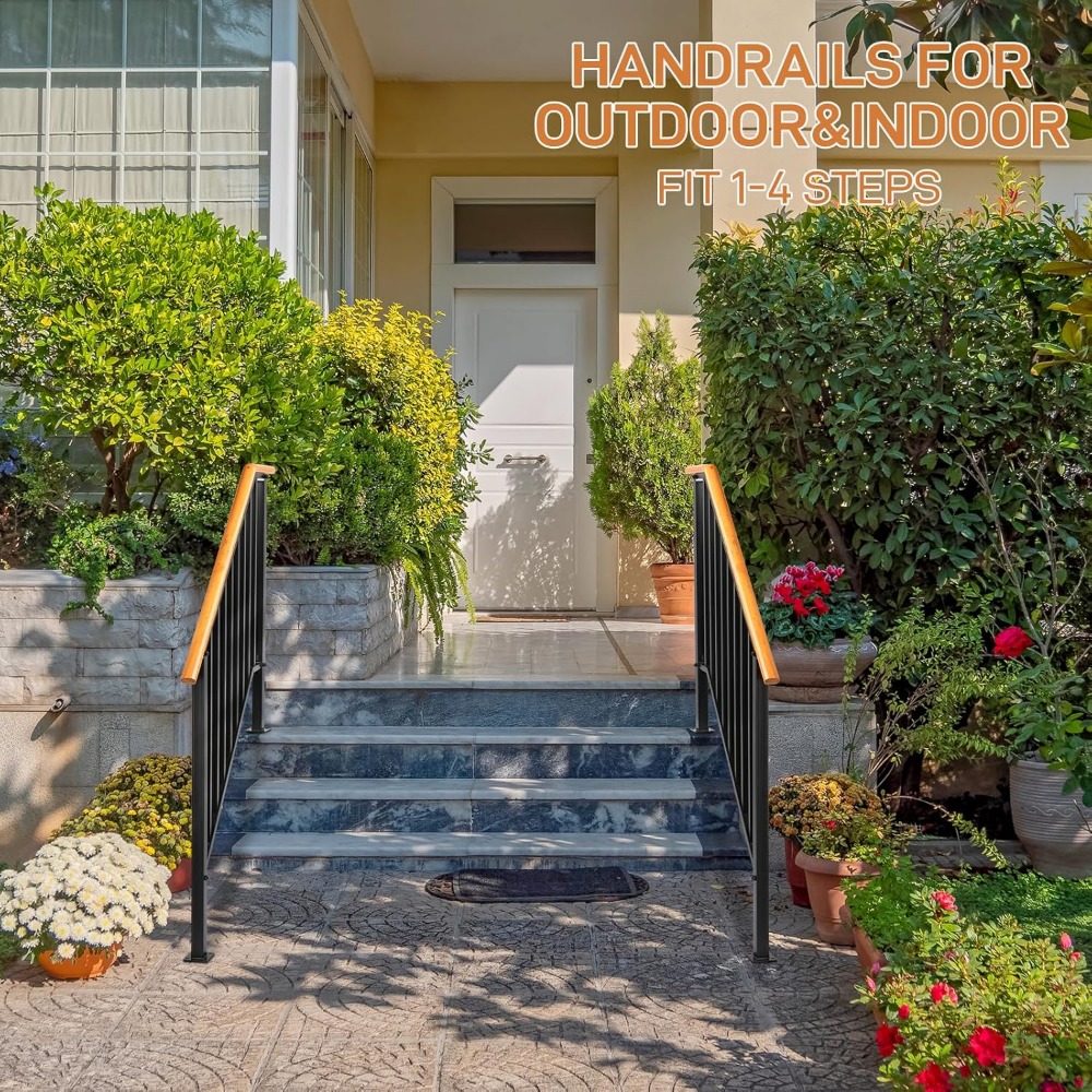 2 Pack 4 Step Handrails for Outdoor Steps, Wrought Iron Stair Railing, Metal Hand Railing with Installation Kit, Staircase Woode