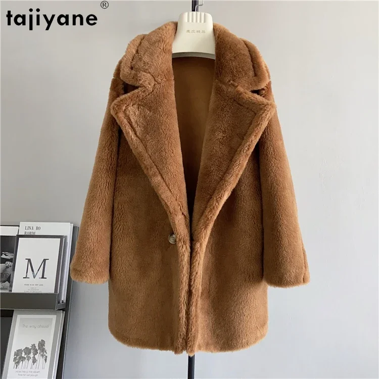 Tajiyane-女性のミッドレングスファーコート,100% 羊毛刈り機ジャケット,エレガントなウールコート,アウターウェア,ファッション,秋冬